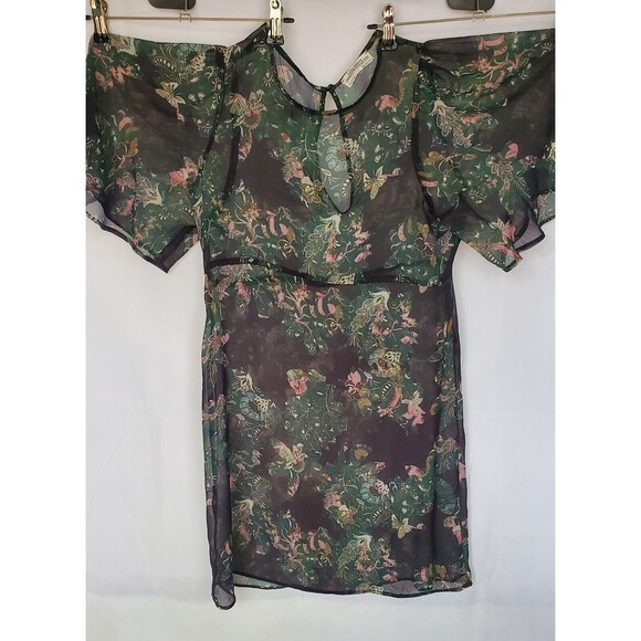 Zara Premium Denim Collection Sheer Floral Mini Dress Tunic Butterfly Sleeves XS - Picture 3 of 5